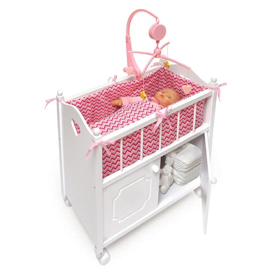 Badger Basket White Cabinet Doll Crib with Pink & White Chevron Bedding